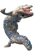 a statue of a crocodile with its mouth open and a pink tongue .