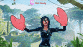 a girl in a video game is wearing pink mittens and a badge that says peachyeve not ready