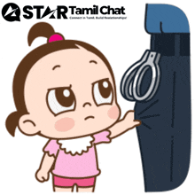 a cartoon of a little girl with a handcuff on a sign that says star tamil chat