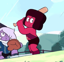 a cartoon character is holding a bat and a glove