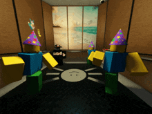 two roblox characters wearing party hats are standing in a room