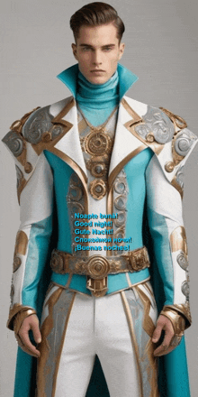 a man in a blue and white costume with the words noapte bunal