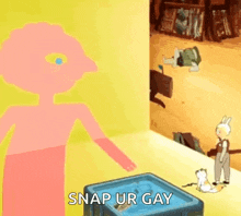 a cartoon character is standing next to a pool and says snap ur gay
