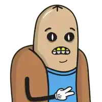 a cartoon character with a bald head and a blue shirt is holding his hands to his chest .