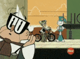 a cartoon of a man wearing sunglasses with the letter u on it
