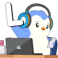 a penguin is wearing headphones and holding a cell phone