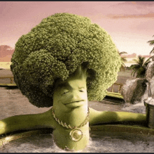 a picture of a broccoli with a face and a necklace in a bathtub