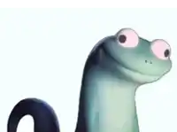 a cartoon lizard with big pink eyes is waving its hand and says ban .