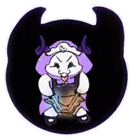 a cartoon character with horns is holding a sword in a dark room