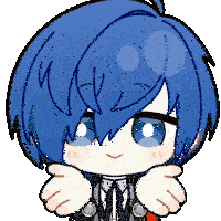 a cartoon drawing of a boy with blue hair