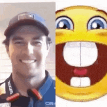 a man in a baseball cap is smiling next to a smiley face with his mouth open .