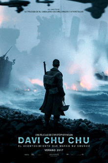 a movie poster for davi chu chu shows a man standing on a rocky beach