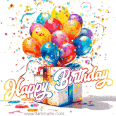 a birthday card with balloons and confetti and the words happy birthday