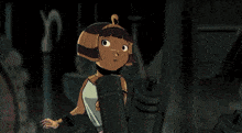 a cartoon drawing of a girl standing in front of a screen with the letter z in the background