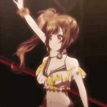 a girl in a bikini is dancing with her arm in the air .