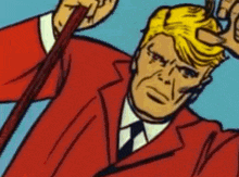 a cartoon of a man in a suit and tie holding a cane