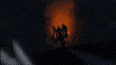 a silhouette of a person with a trident in a dark room