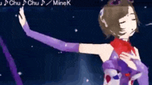 a girl in a purple dress and gloves is dancing in front of a blue background .