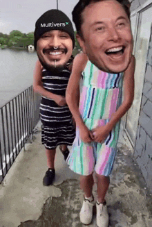 a man wearing a multiverse hat is carrying a girl in a dress