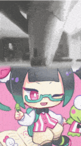 a girl with glasses and a green mustache is holding a green object