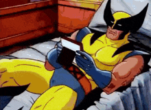 wolverine is reading a book while sitting on a bed .