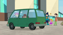 a group of cartoon characters are standing around a green van with the letter v on the back