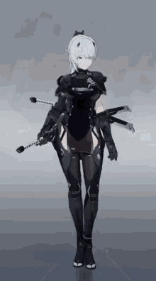 a girl in a black outfit is holding a sword in her hand .