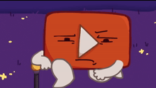 a cartoon drawing of a red play button with a sad face