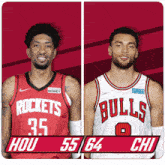 two basketball players for the rockets and bulls are standing next to each other