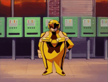 a yellow cartoon character stands in front of vending machines