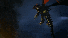 a dragon with orange wings is flying in a dark sky
