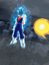 a cartoon character with blue hair is standing in front of a blue background