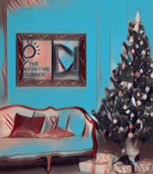 a living room with a couch and a christmas tree and a framed picture that says the adventive ourney