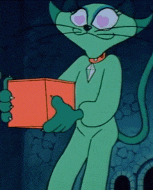 a green cartoon cat is holding a red box in its paws