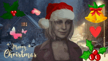 a woman wearing a santa hat is surrounded by christmas decorations and says merry christmas