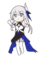 a drawing of a girl with white hair and blue eyes wearing a black and blue dress