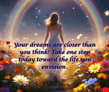 a woman is standing in a field of flowers with a rainbow in the background