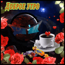 a cup of coffee surrounded by red roses and candy with the words доброе утро on the top