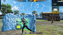 a screenshot of a video game shows a man running in front of a ice wall