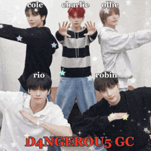 a group of young men posing for a picture with the name cole charlie ollie rio and robin written on the bottom