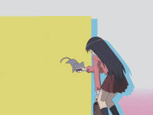 a girl in a red skirt is holding a gray cat