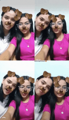 a girl wearing glasses and a pink shirt has a dog face on her face