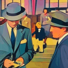 a painting of two men in suits and hats talking