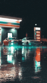 two cars are parked in front of a gas station with a sign that says 1.39
