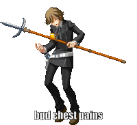 a pixel art drawing of a man holding a spear with the words bpd chest pains below him