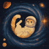 a cat wearing a space helmet is floating in space