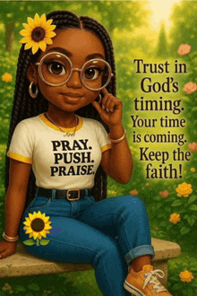 a girl wearing a shirt that says pray push praise sits on a bench