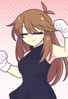 a drawing of a girl in a black dress with white gloves