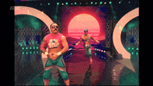 two wrestlers are walking down a stage with a aew logo in the background