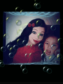 a picture of a woman and child with bubbles surrounding them
